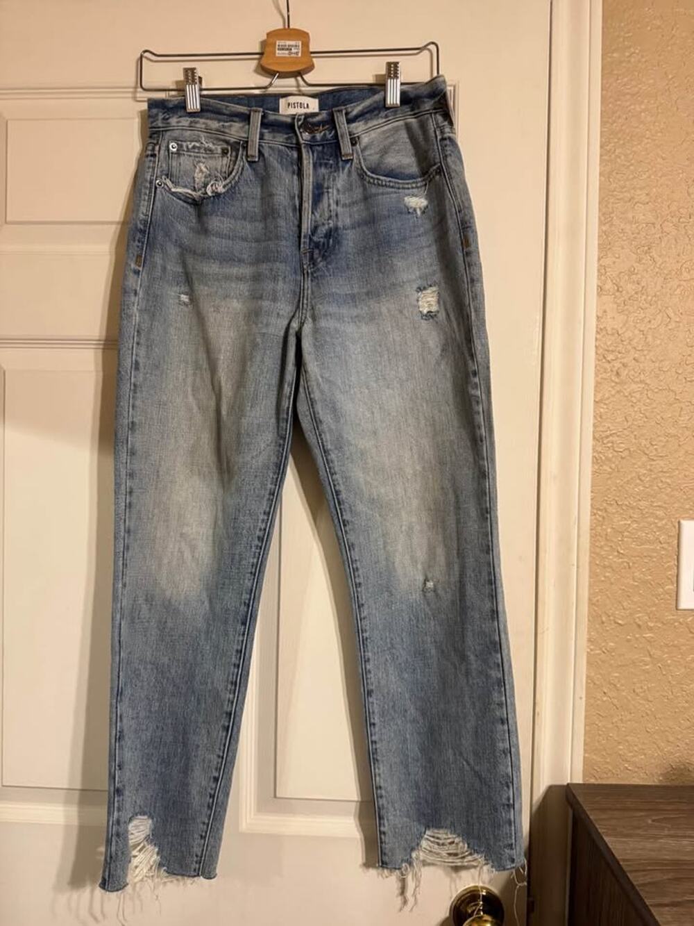 Pistola Charlie High Rise Straight Jeans Blue Skies Distressed Frayed Hem 26